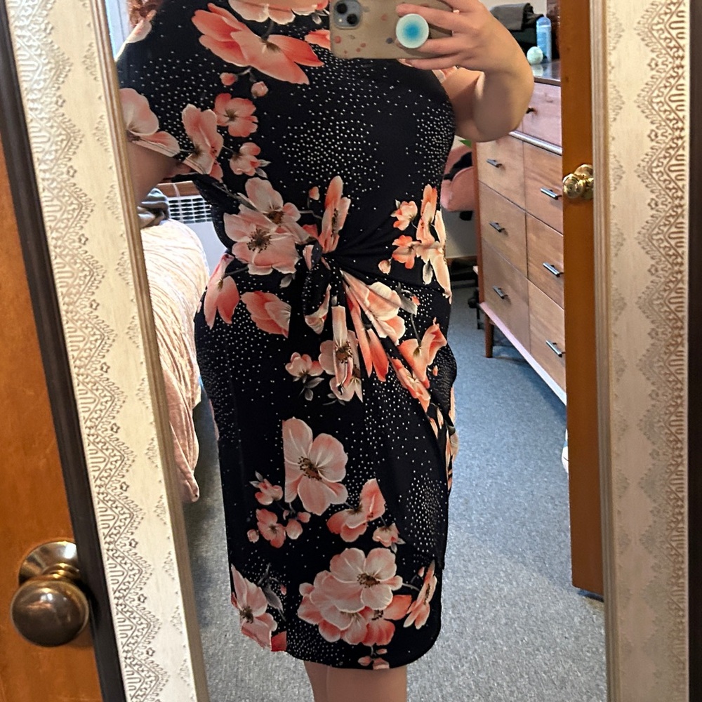 Navy Floral Sheath Dress with Pink Cherry Blossoms Party Dress